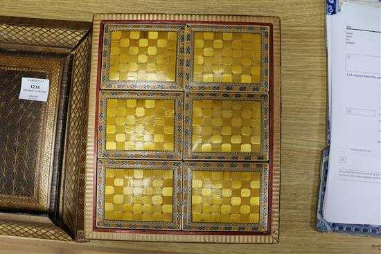 A Chinese geometric straw work rectangular box, enclosing six boxes containing mother of pearl counters